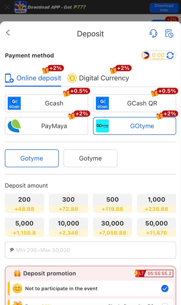 🧿️ Step 1: Log in to your account. Then, access the deposit and select the 888PHL deposit method as GOTYME.