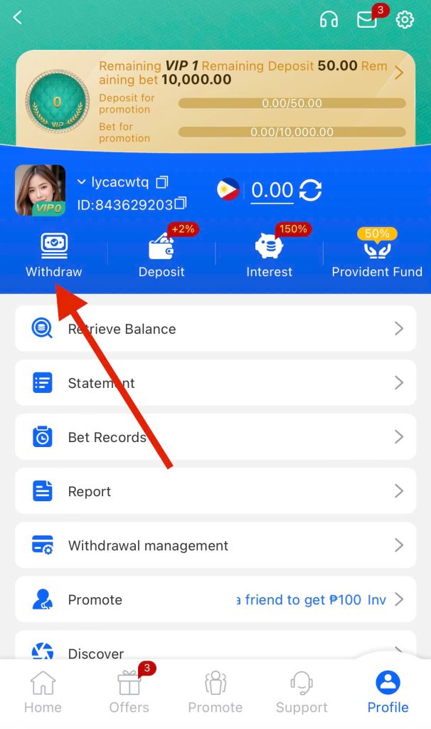 Step 1: Log in to your account and access Withdrawal
